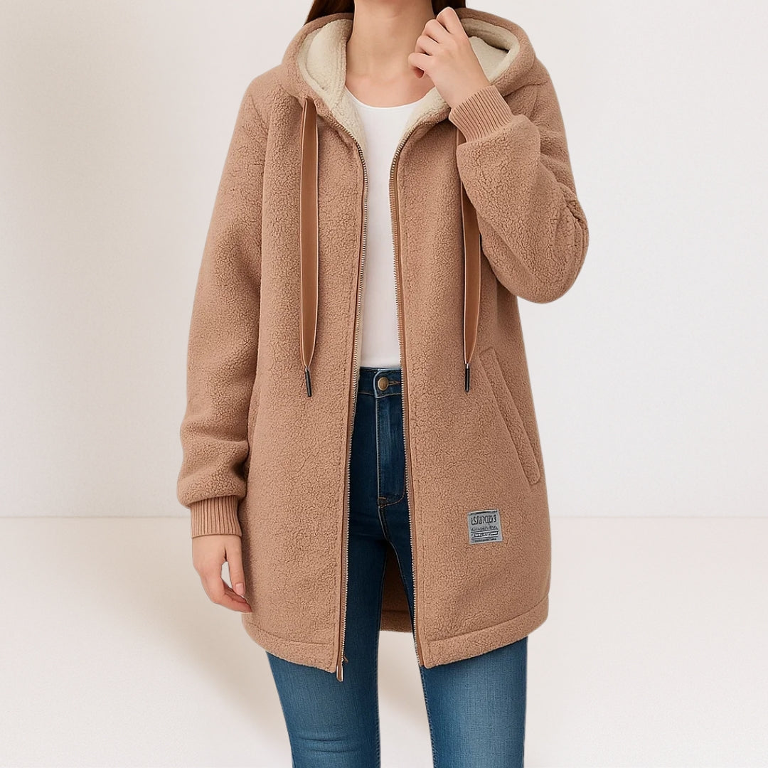 Women's camel cozy hooded zip-up jacket