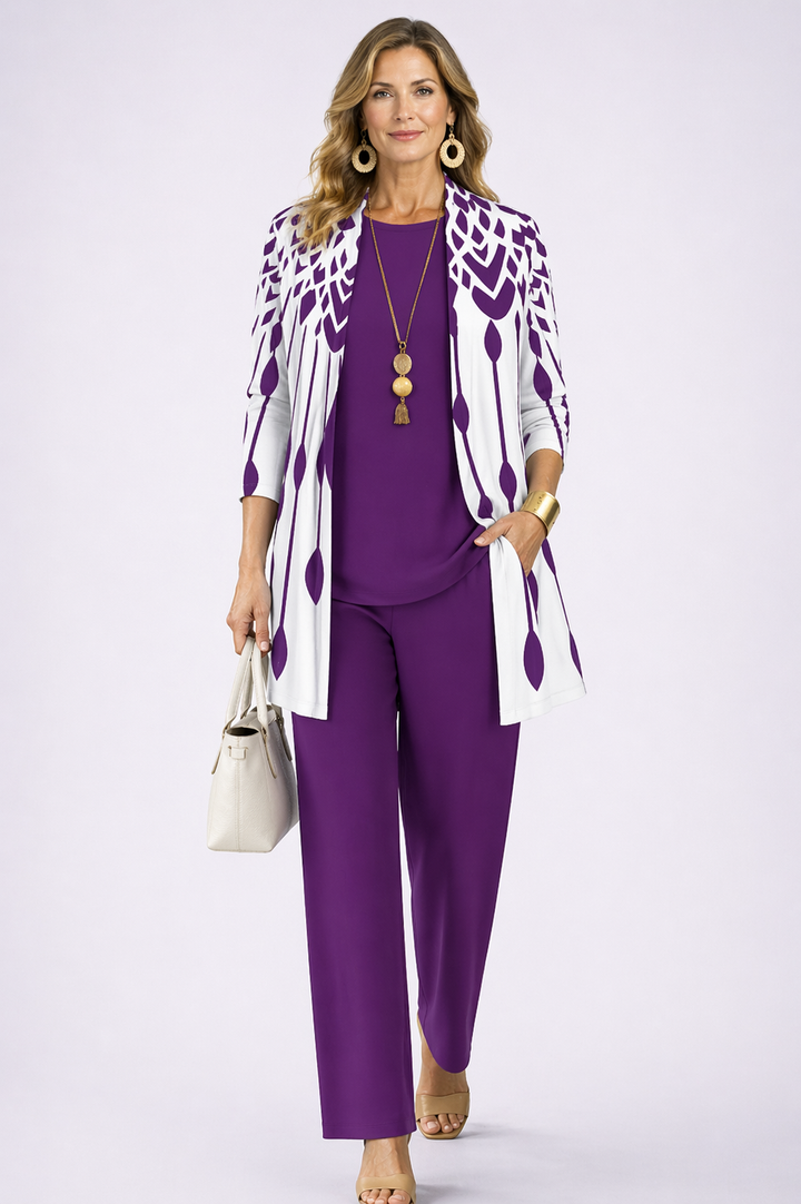 Women's purple and white geometric print cardigan and pant set