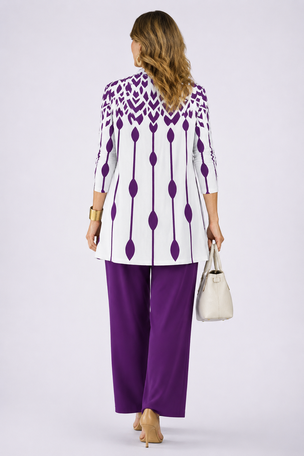 Back view of the purple and white geometric print cardigan and pant set