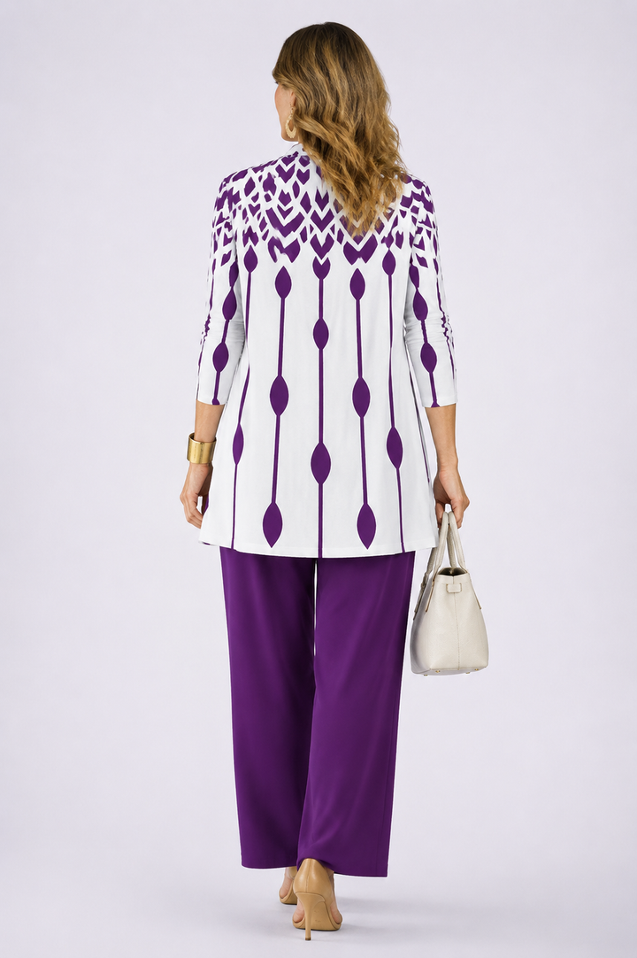 Back view of the purple and white geometric print cardigan and pant set