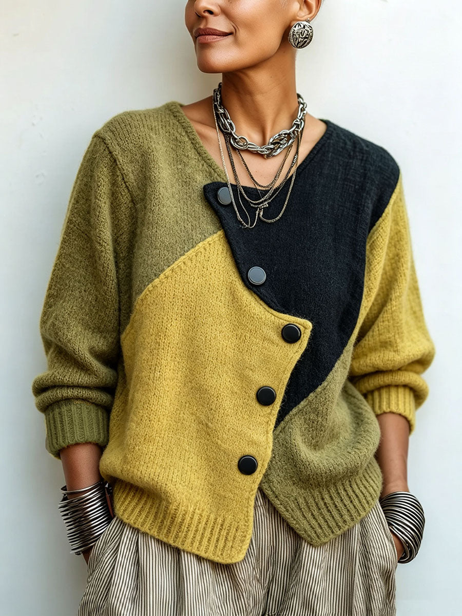 Women's olive and mustard color-block asymmetric button cardigan