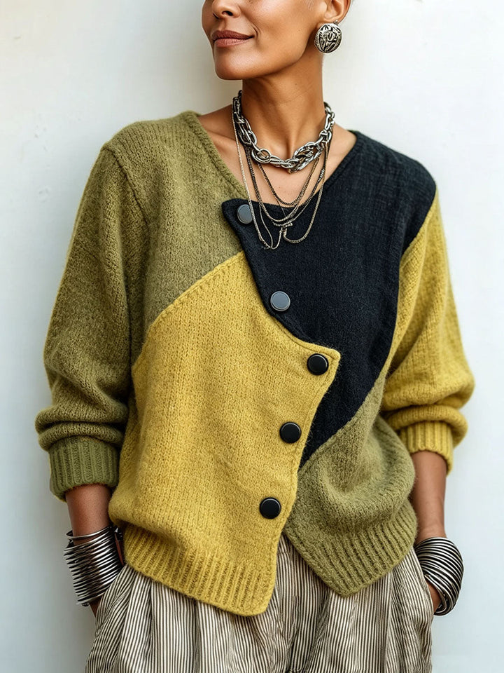 Women's olive and mustard color-block asymmetric button cardigan