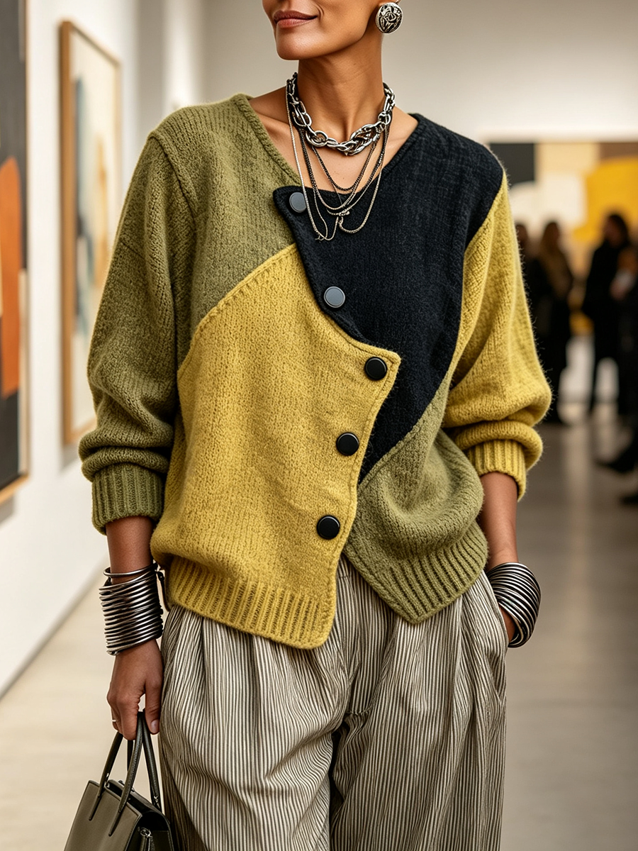 Color-block cardigan styled with wide-leg trousers