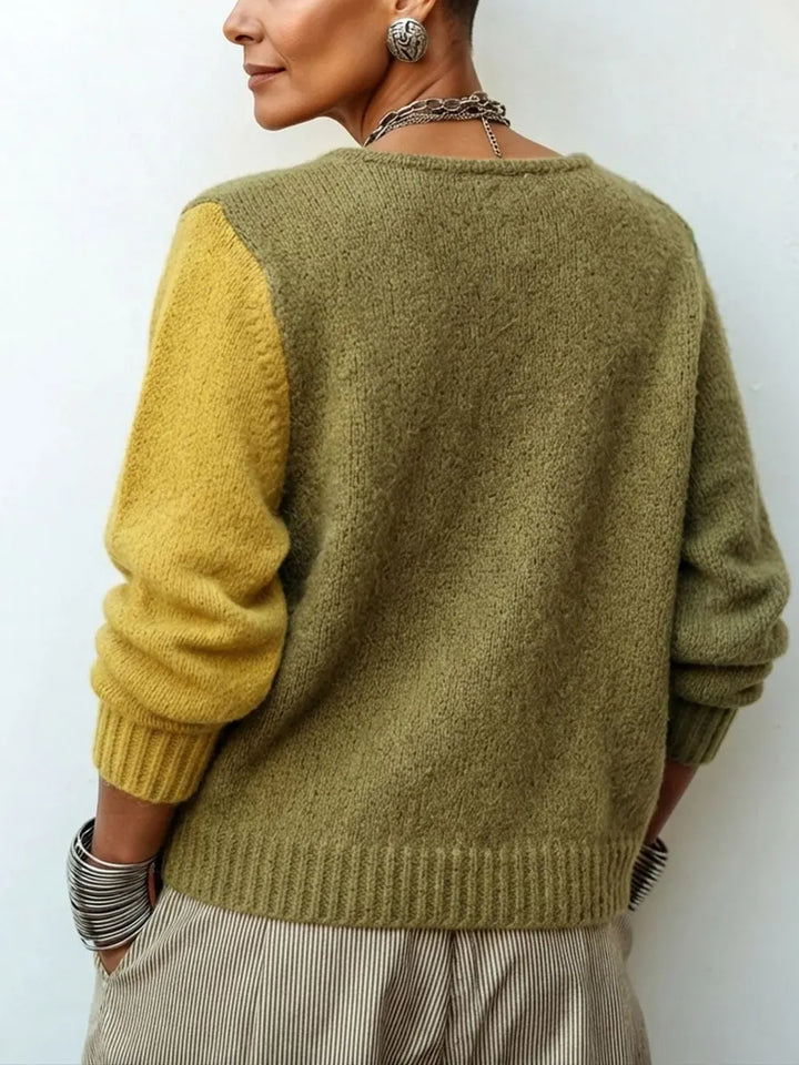 Back view of the olive and mustard knit cardigan
