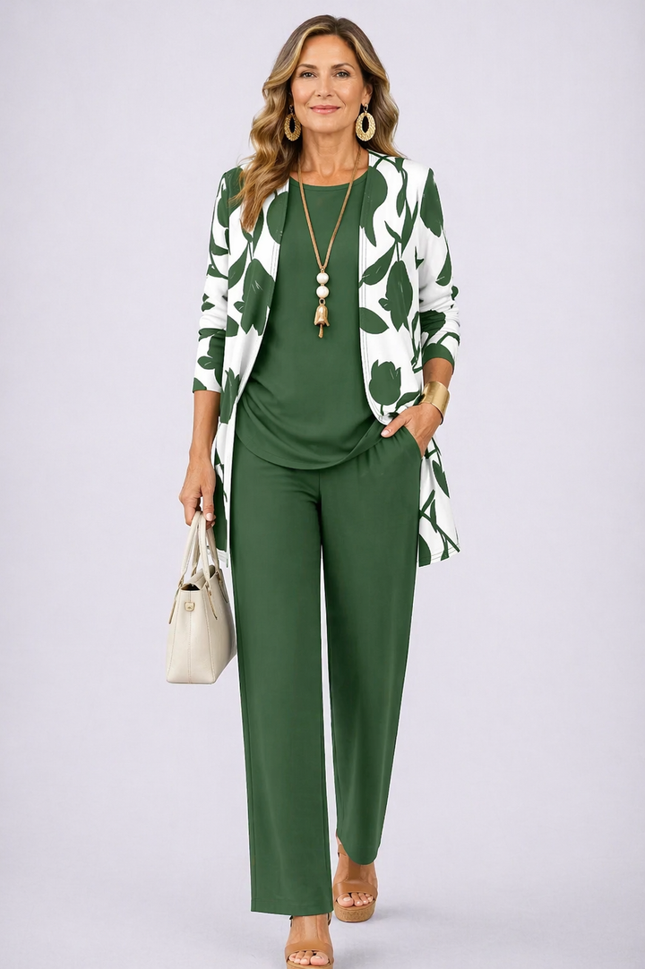 Women's forest green and white leaf print cardigan and pant set