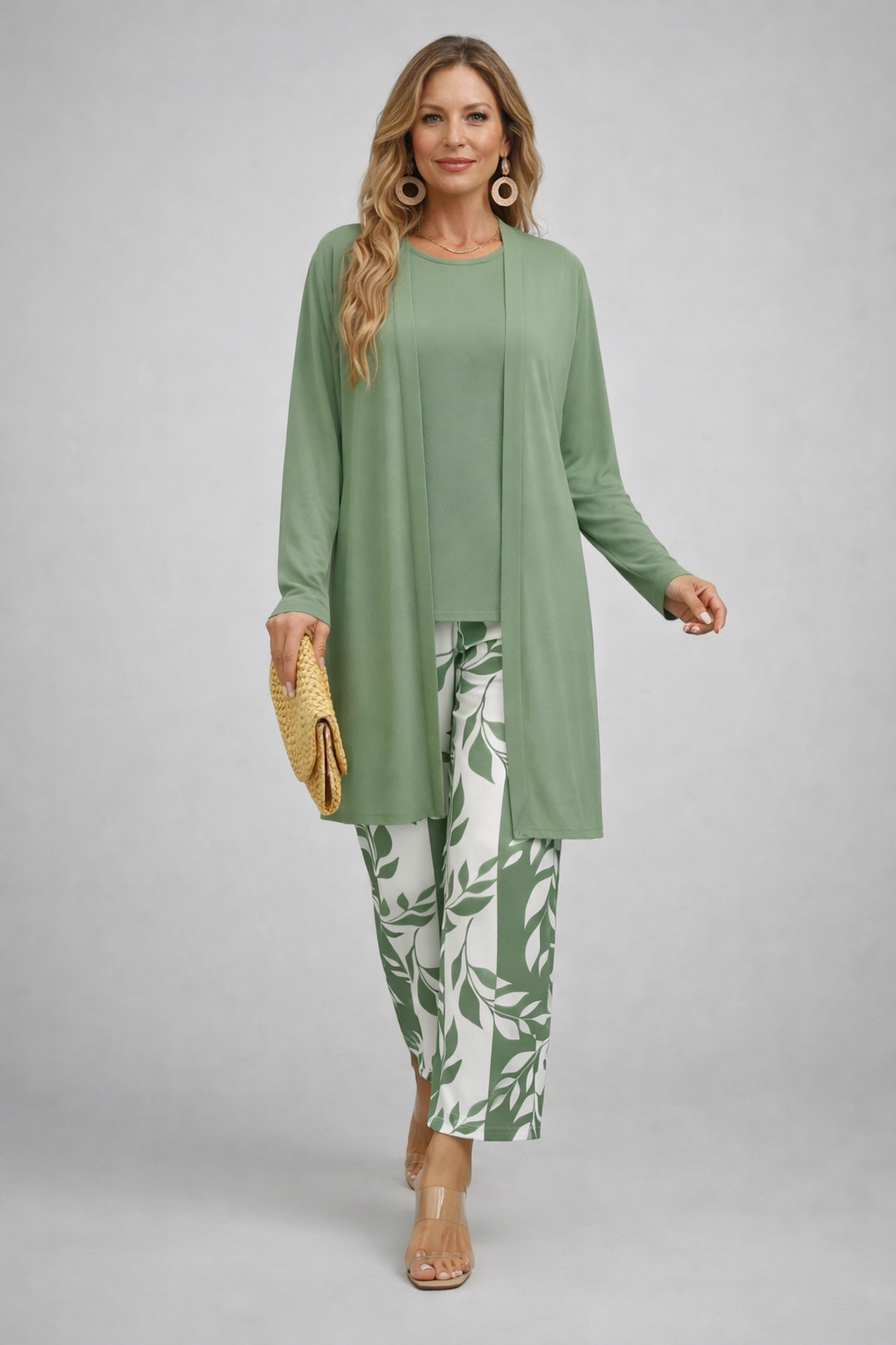 Women's sage and white open-front cardigan and leaf print pant set