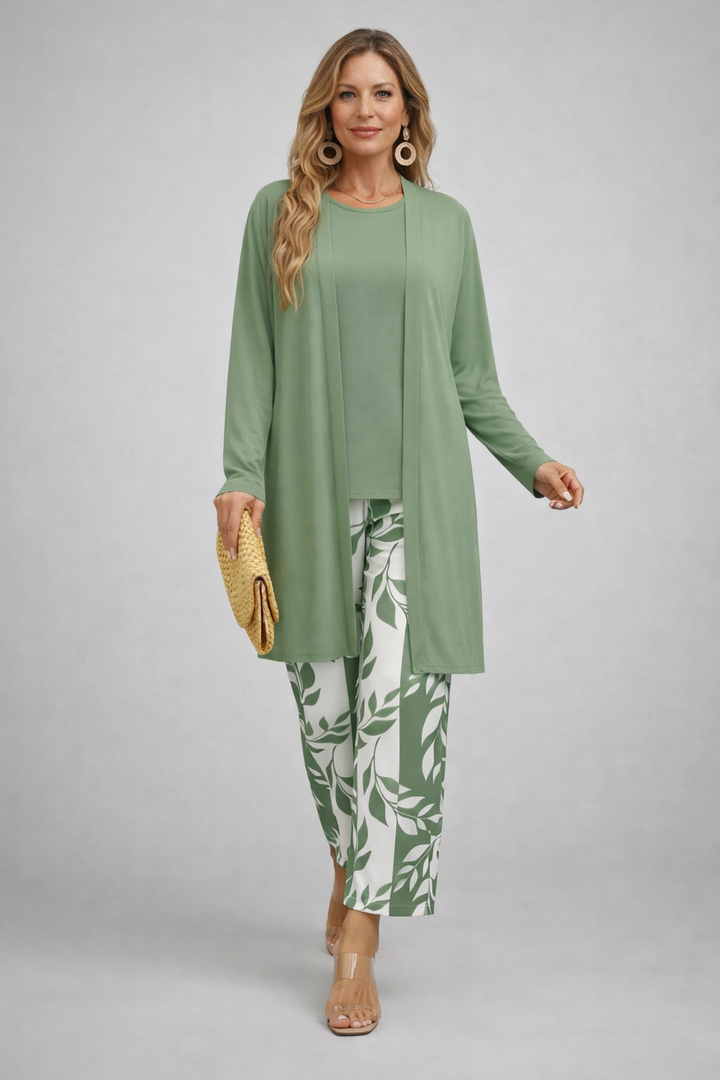 Women's sage and white open-front cardigan and leaf print pant set