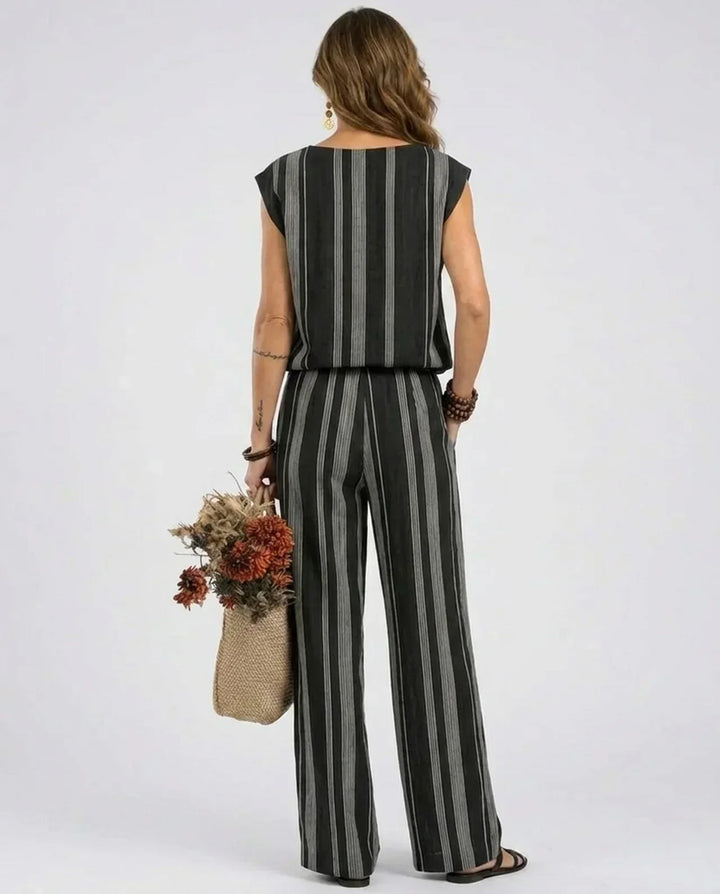 Another view of the black and gray striped sleeveless top and wide-leg pant set