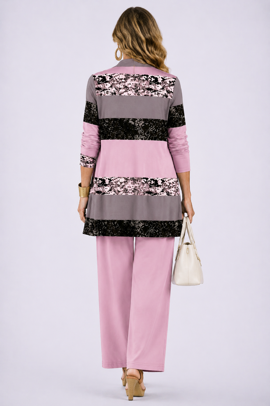 Back view of the pink color-block print cardigan and pant set