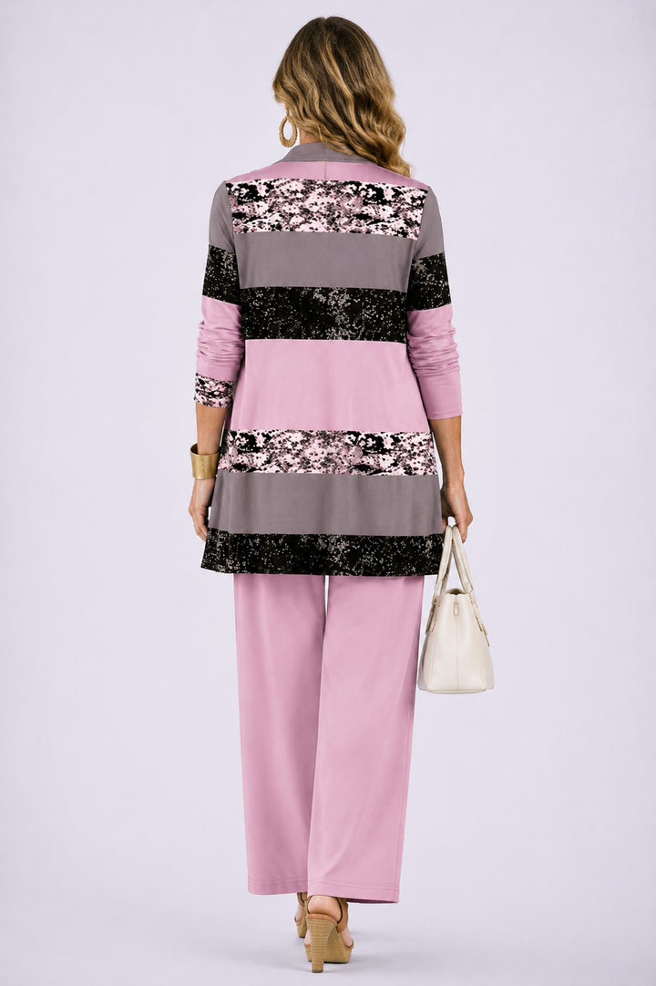 Back view of the pink color-block print cardigan and pant set