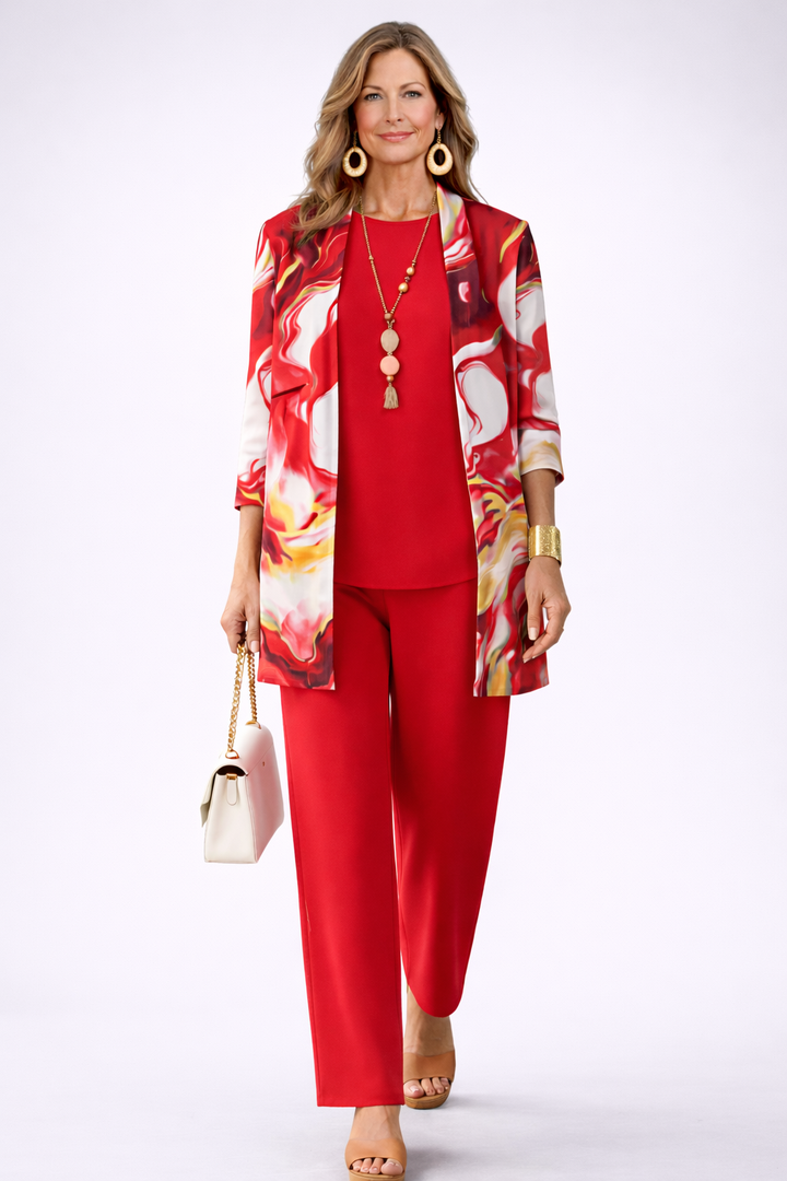 Women's red abstract print cardigan and pant set