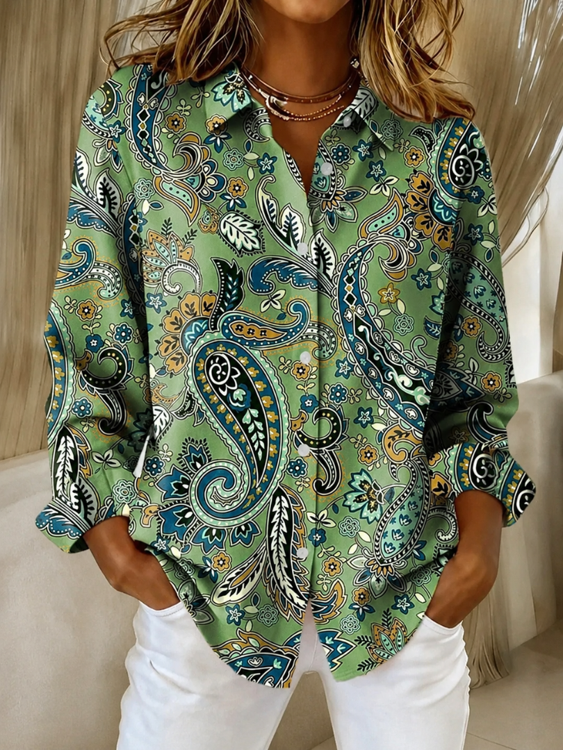 Women's green paisley print button-up blouse
