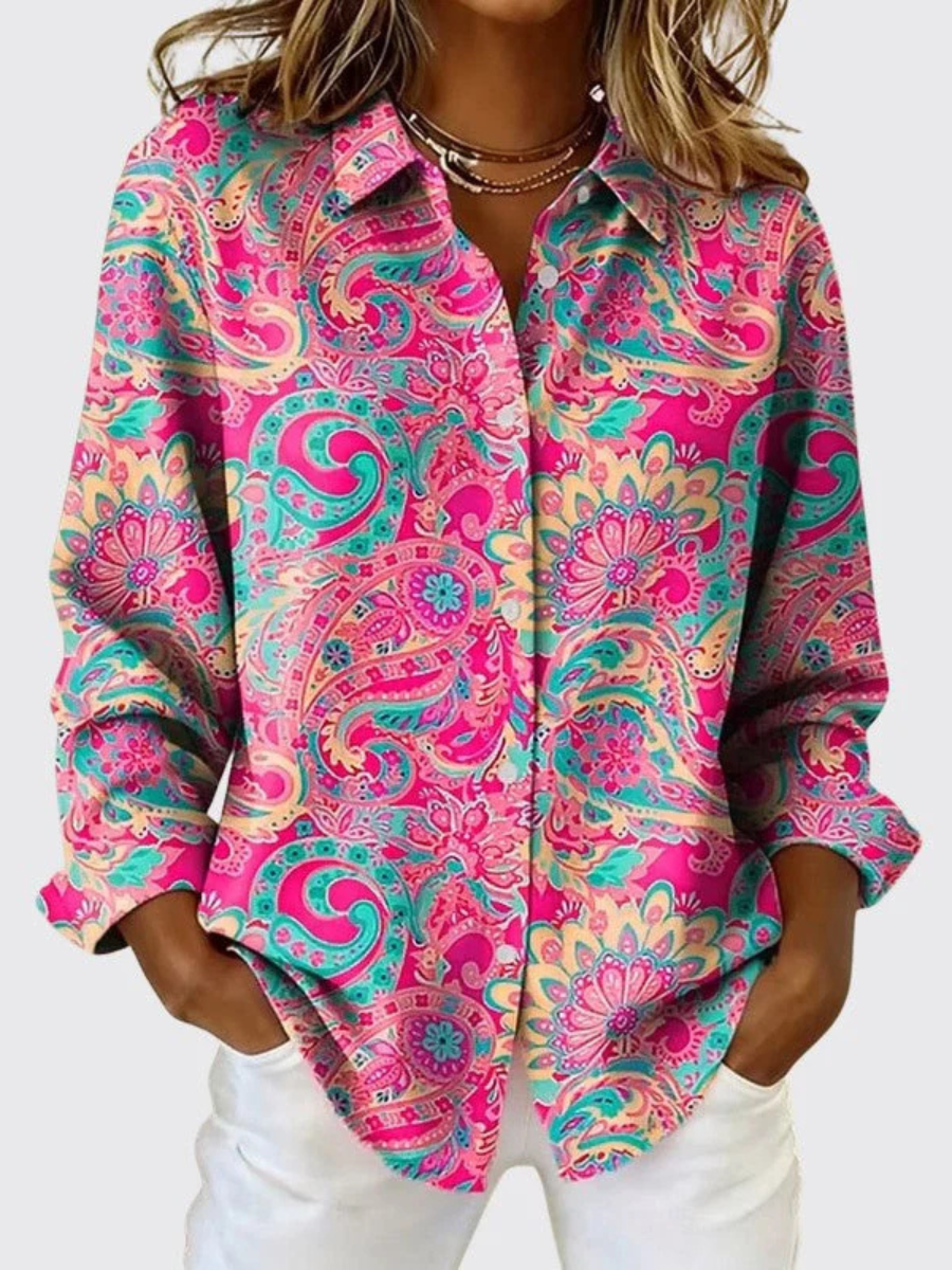 Women's pink paisley print button-up blouse