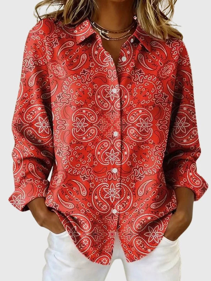 Women's red paisley print button-up blouse