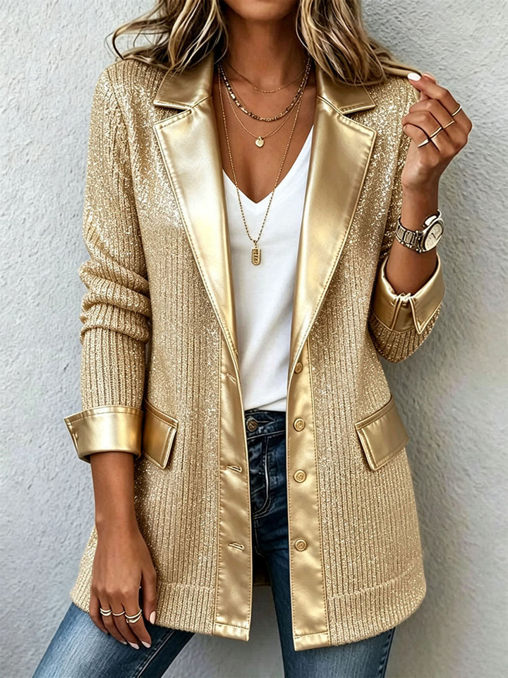 Aurora | Blazer de Punto Dorado con Ribetes de Polipiel