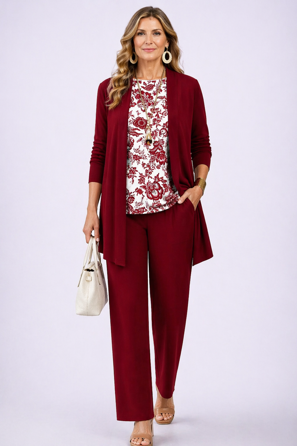 Women's burgundy and white open-front cardigan and floral top pant set