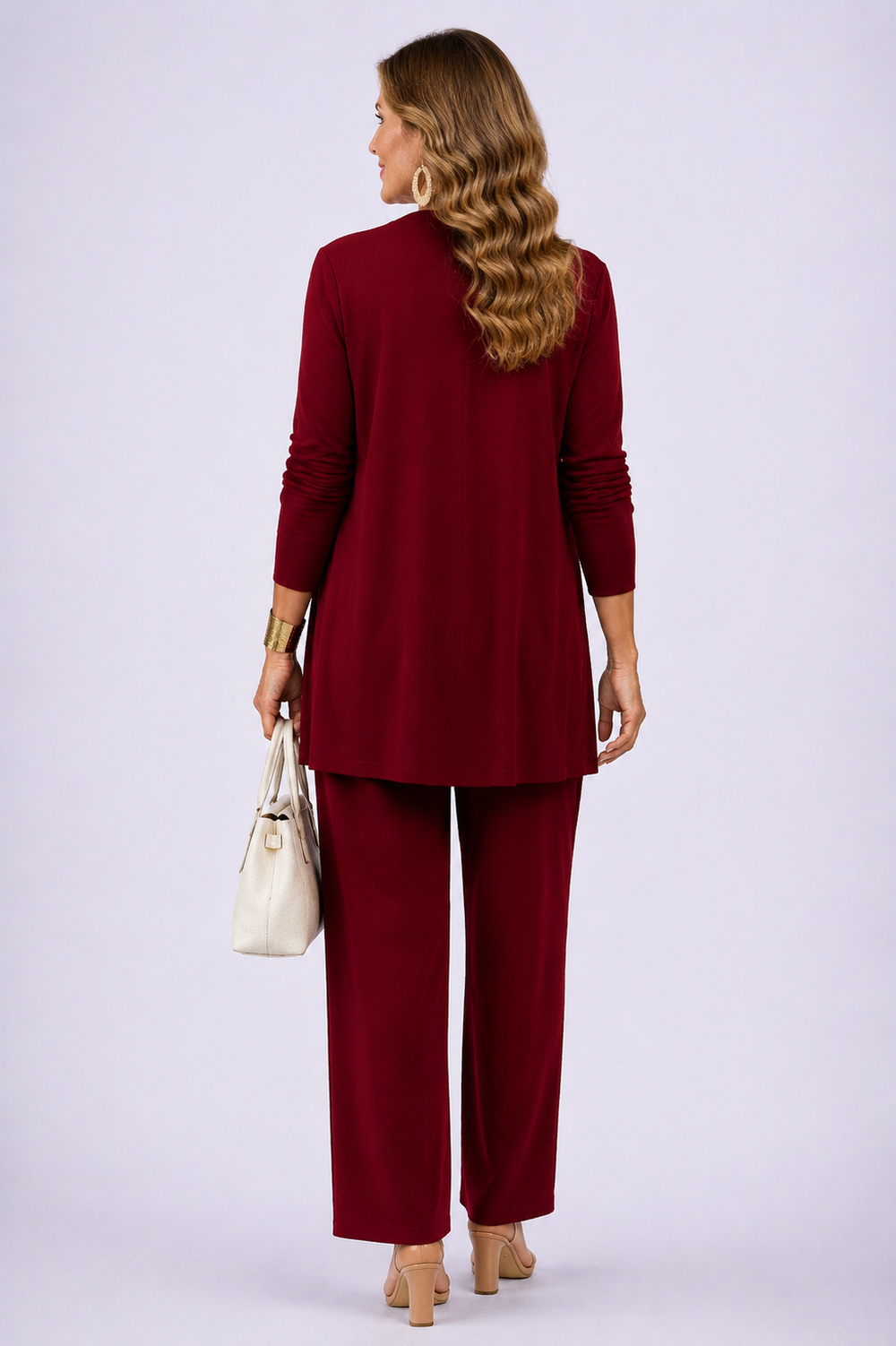 Back view of the burgundy and white open-front cardigan and floral top pant set