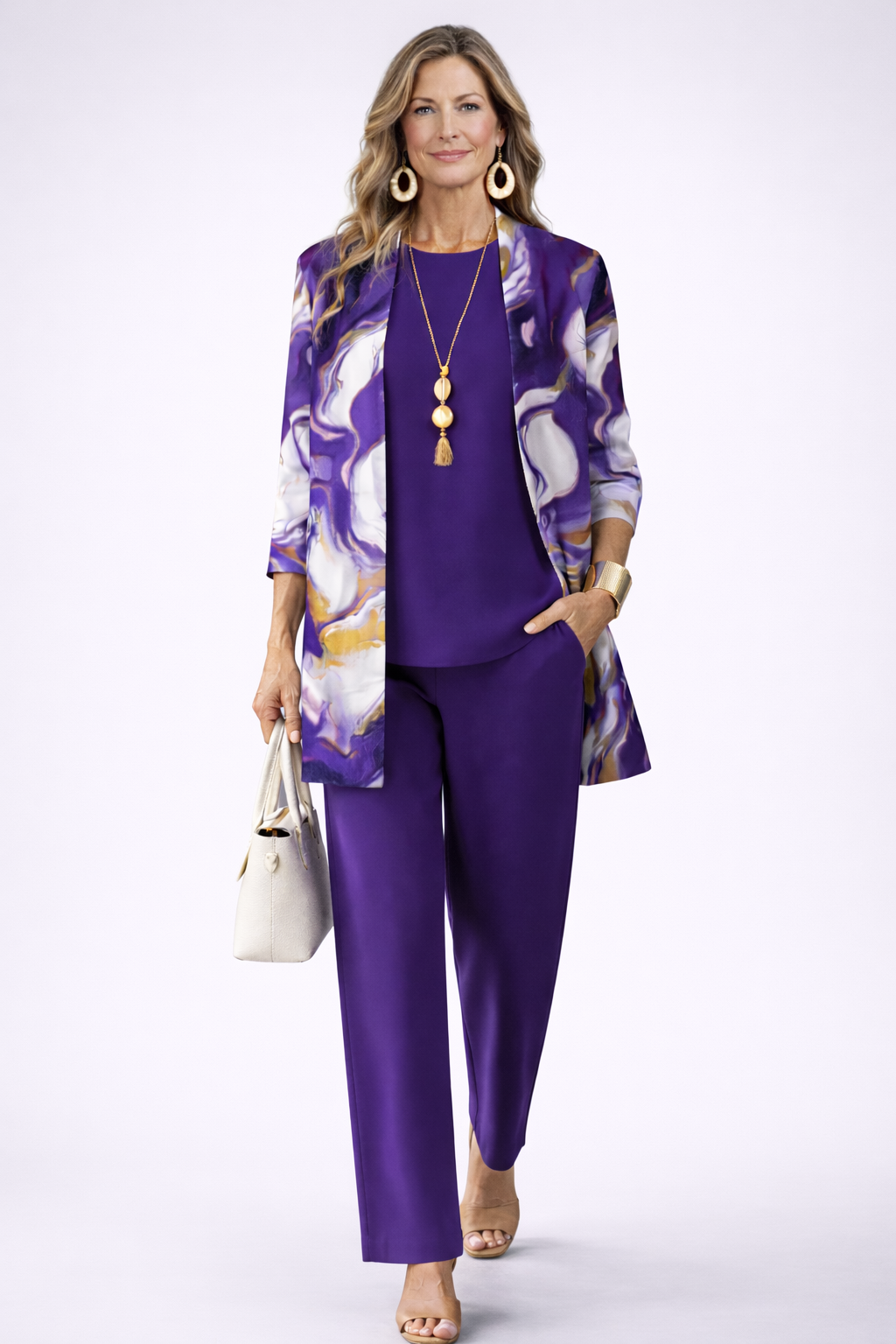 Women's purple marble print cardigan and pant set