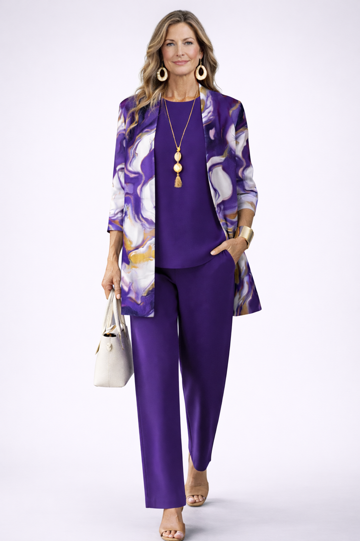 Women's purple marble print cardigan and pant set