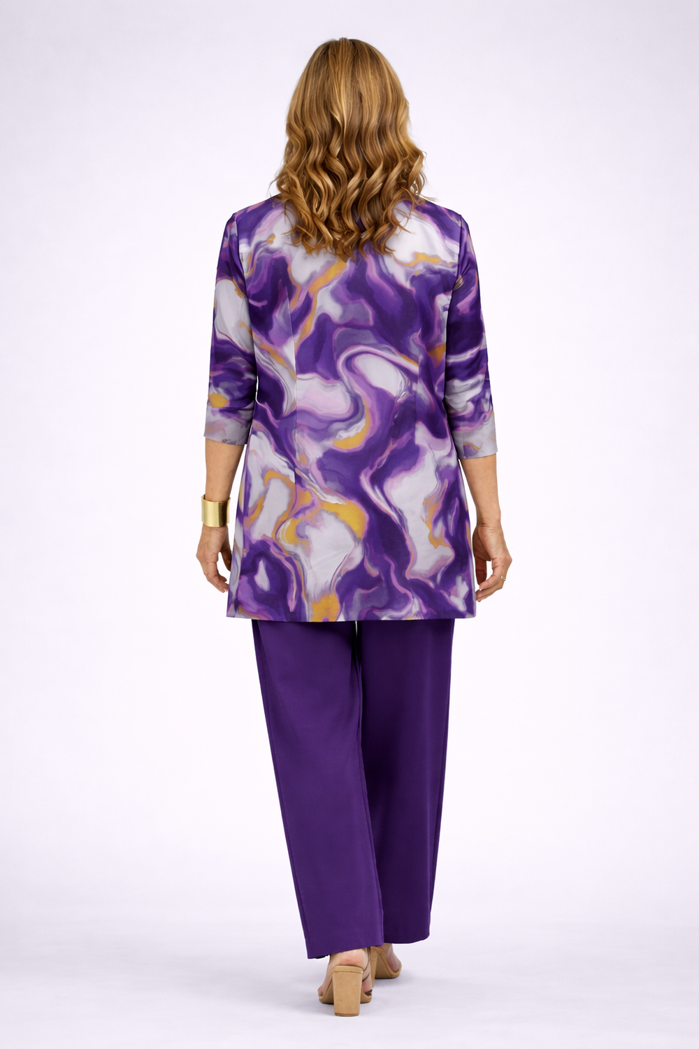 Back view of the purple marble print cardigan and pant set