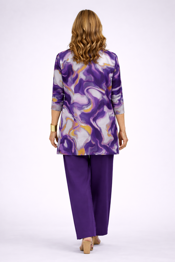 Back view of the purple marble print cardigan and pant set