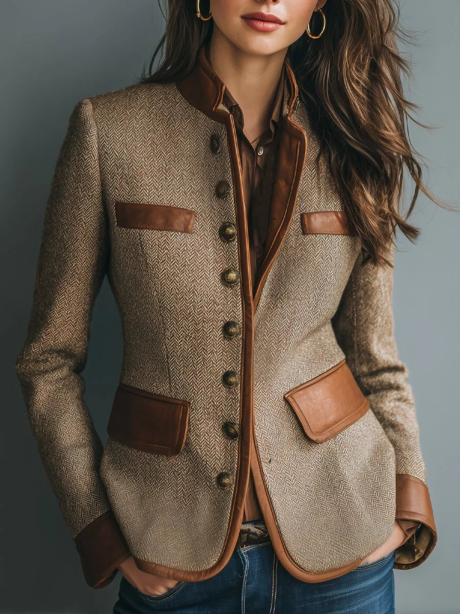 Women's brown vintage herringbone contrast-trim jacket
