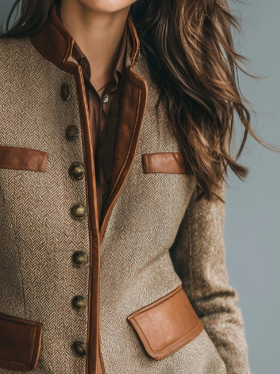 Herringbone jacket with stand collar and flap pockets