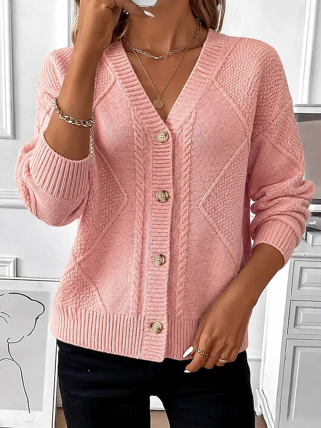 Women's pink V-neck cable-knit button cardigan with diamond-textured panels