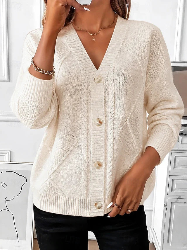 Women's cream V-neck cable-knit cardigan with button front