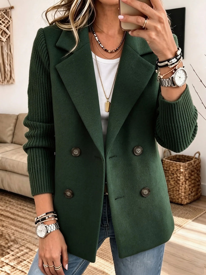 Women's forest green double-breasted blazer with knit sleeves