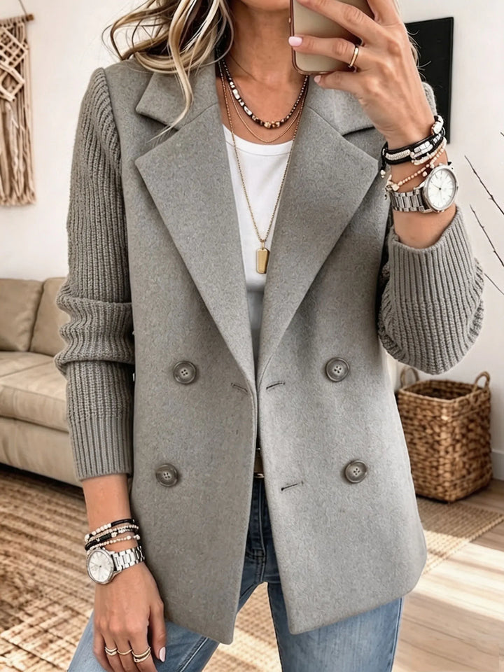 Women's gray double-breasted blazer with knit sleeves