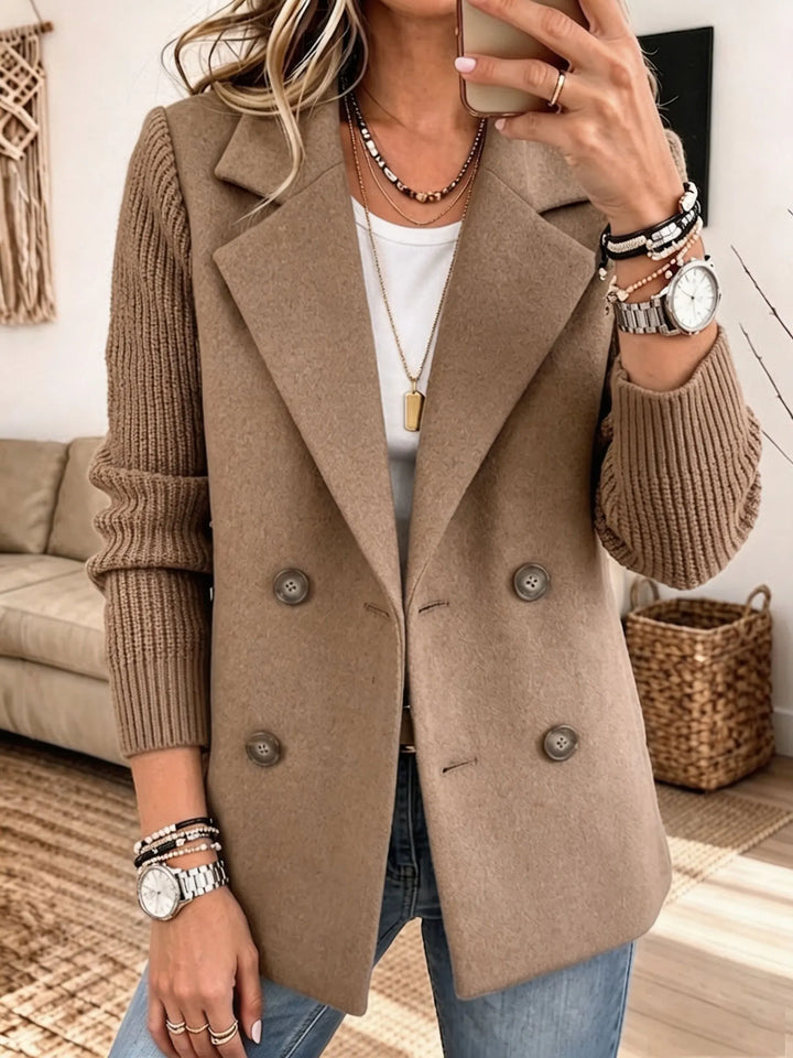 Women's camel double-breasted blazer with knit sleeves