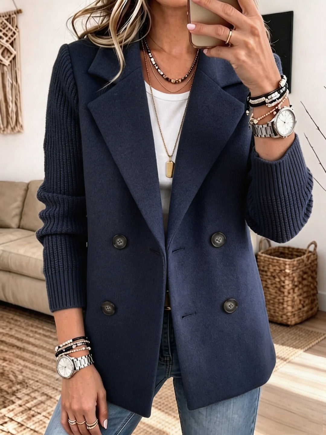 Women's navy double-breasted blazer with knit sleeves
