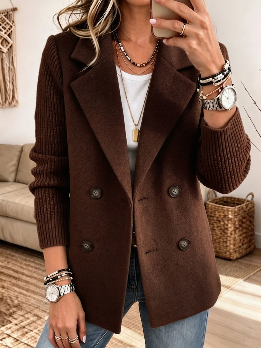 Women's brown double-breasted blazer with knit sleeves
