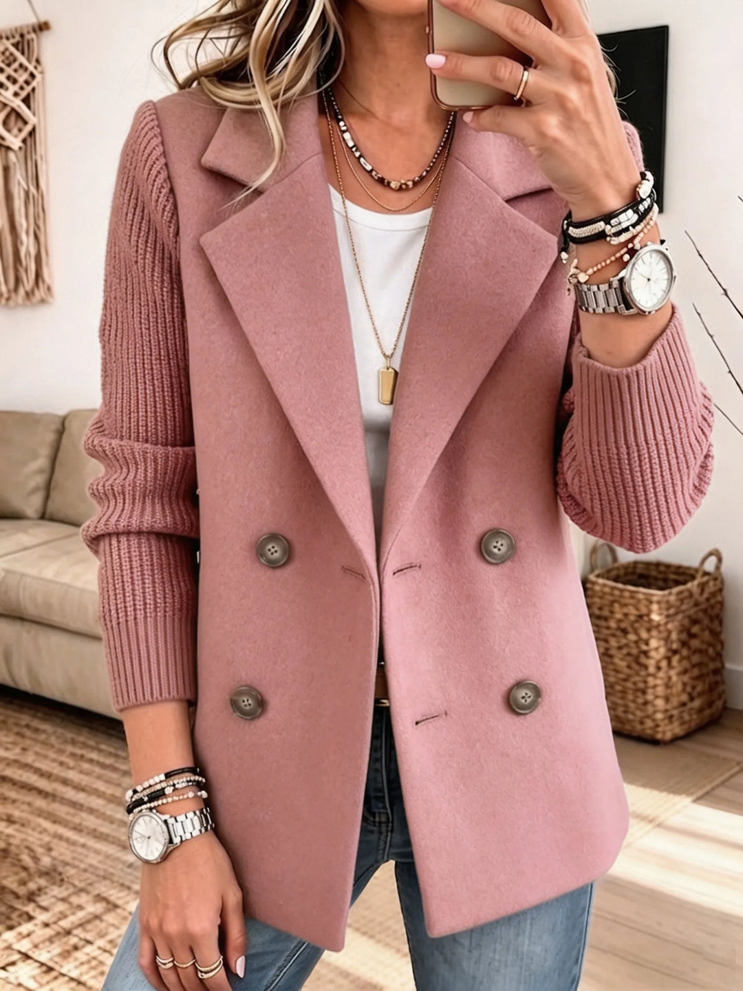 Women's dusty pink double-breasted blazer with knit sleeves
