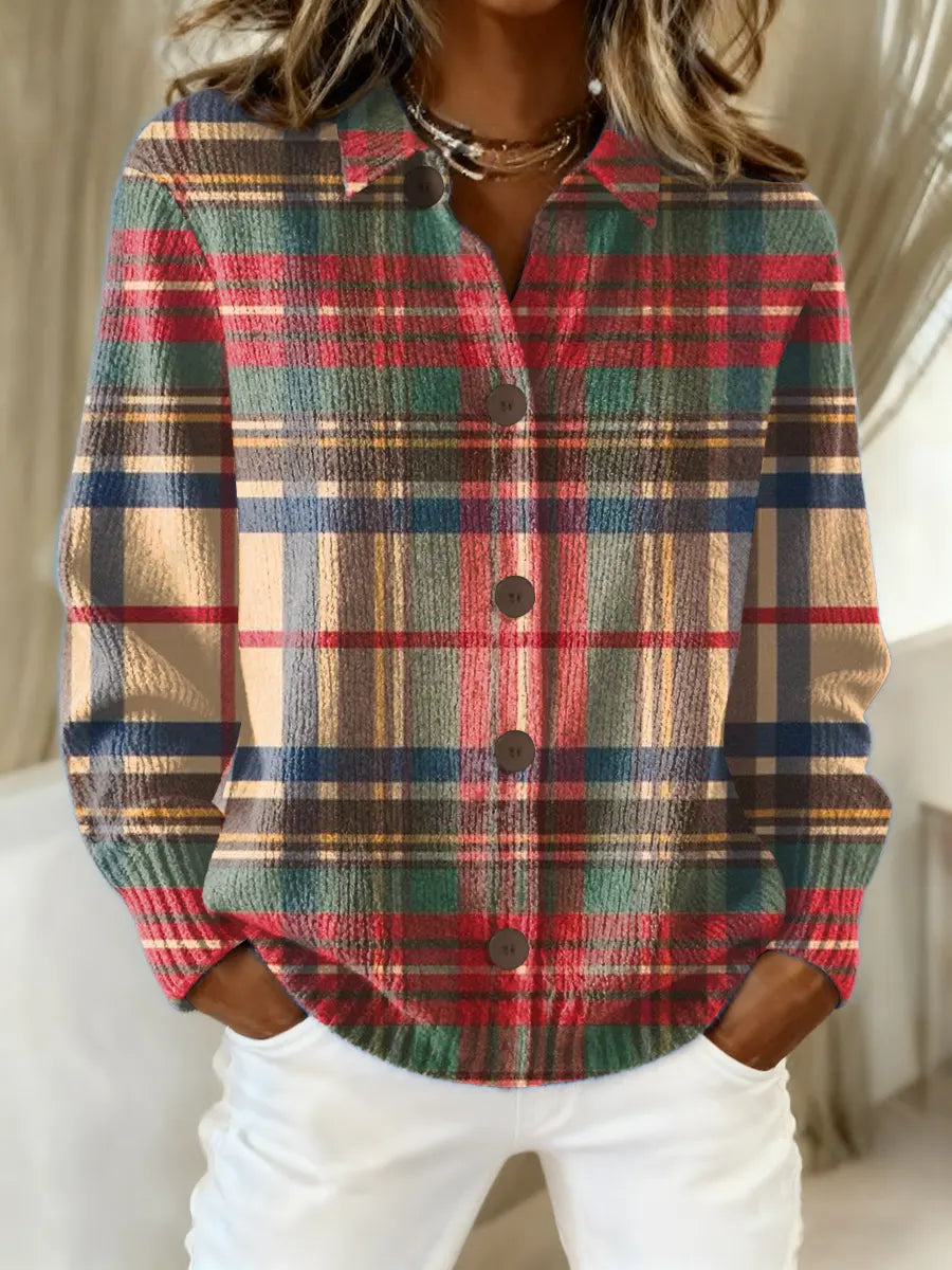 Women's multicolor plaid button-up knit top