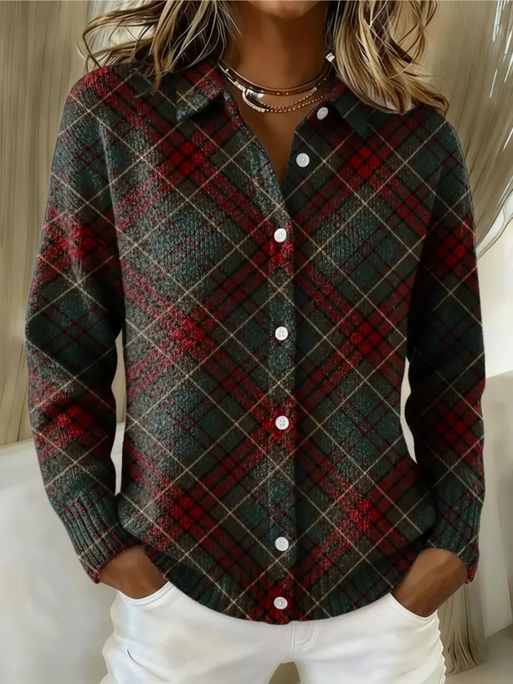 Women's charcoal and red plaid button-up knit top
