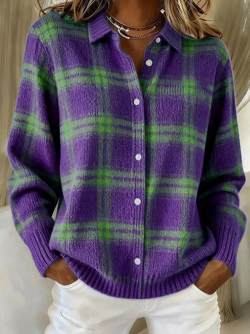Women's purple and green plaid button-up knit top