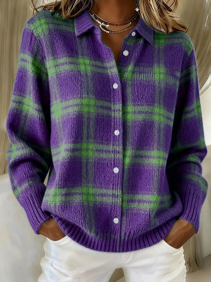 Women's purple and green plaid button-up knit top