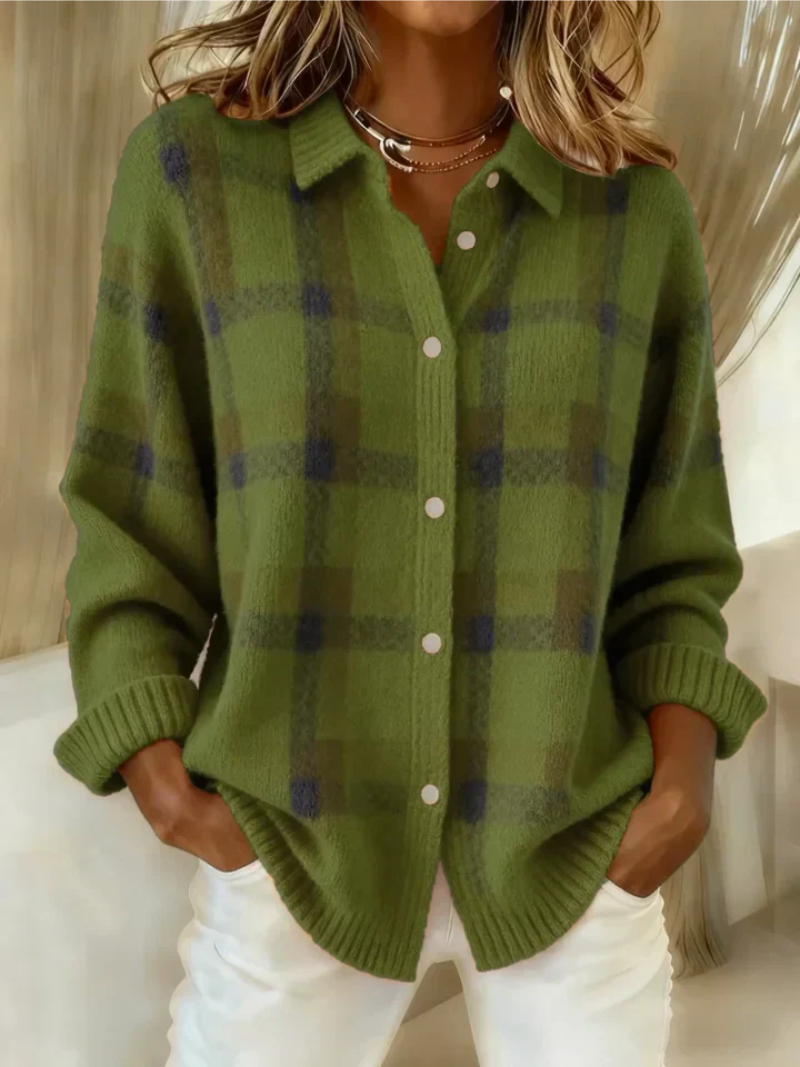 Women's olive plaid button-up knit top