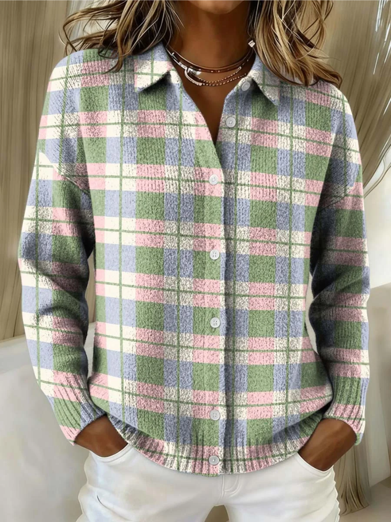 Women's gray and pink plaid button-up knit top