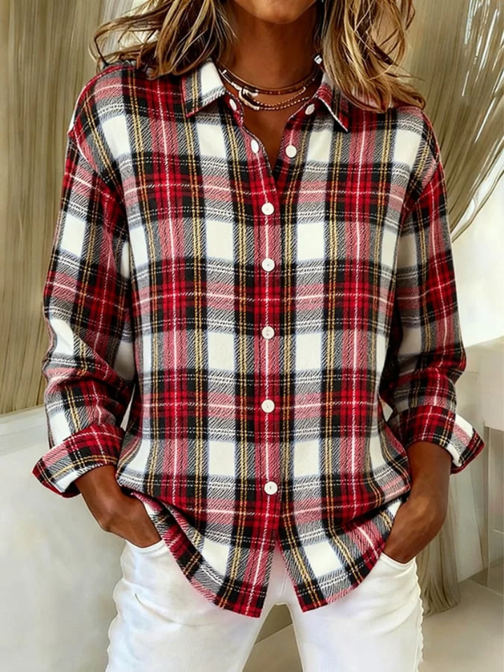 Women's red and white plaid button-up knit top