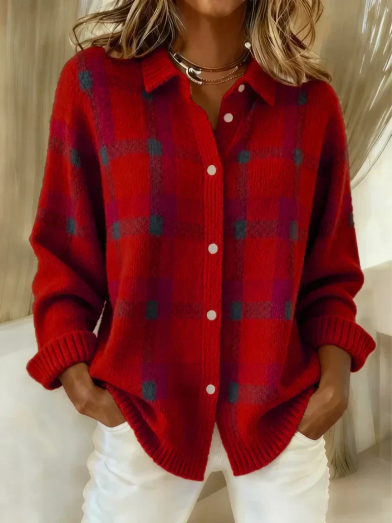Women's red plaid button-up knit top