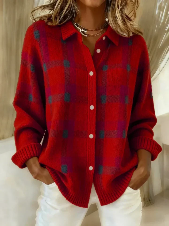Women's red plaid button-up knit top