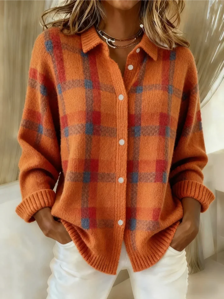 Women's orange plaid button-up knit top