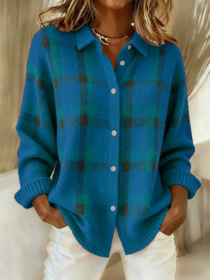 Women's teal plaid button-up knit top