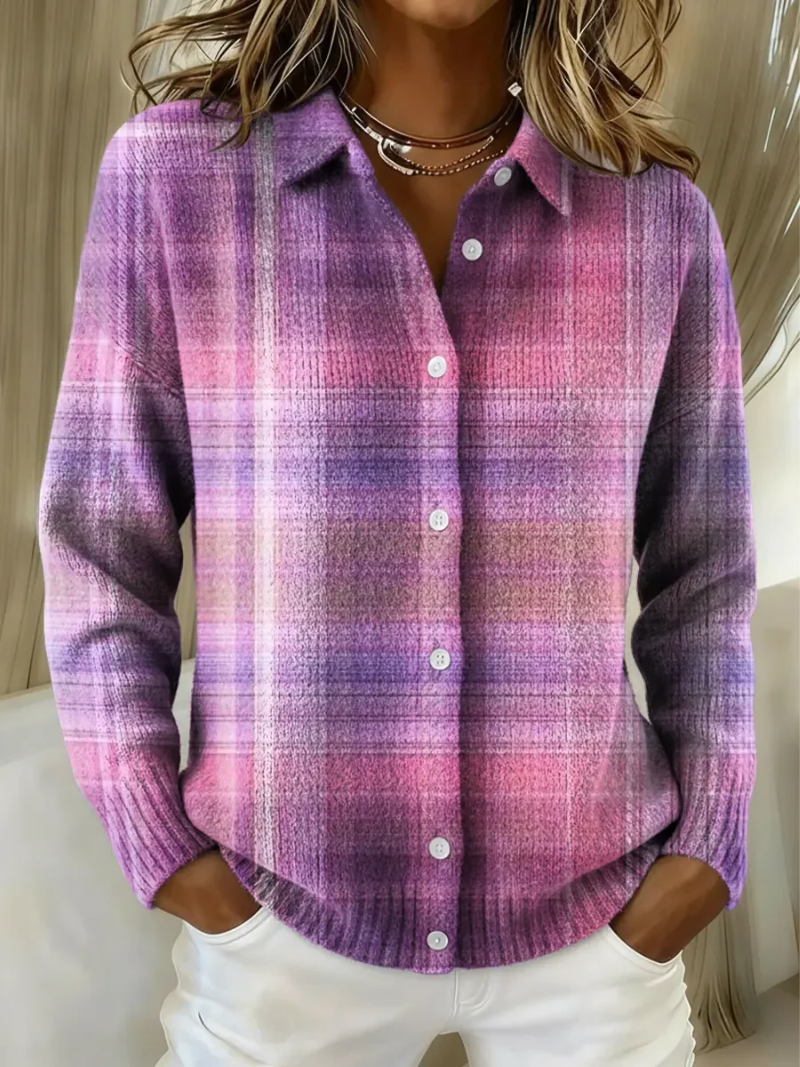 Women's lilac plaid button-up knit top