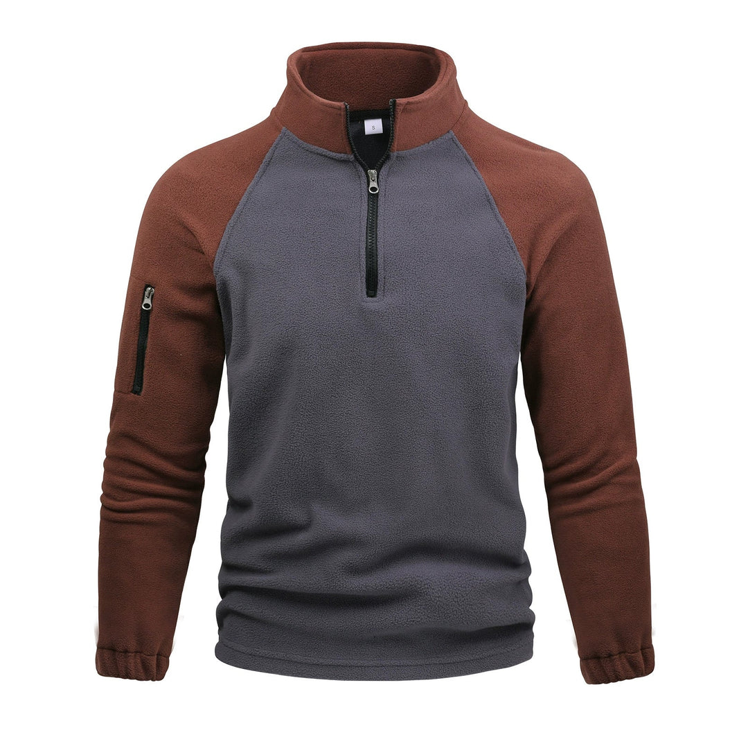Gray and rust two-tone half-zip pullover, front view