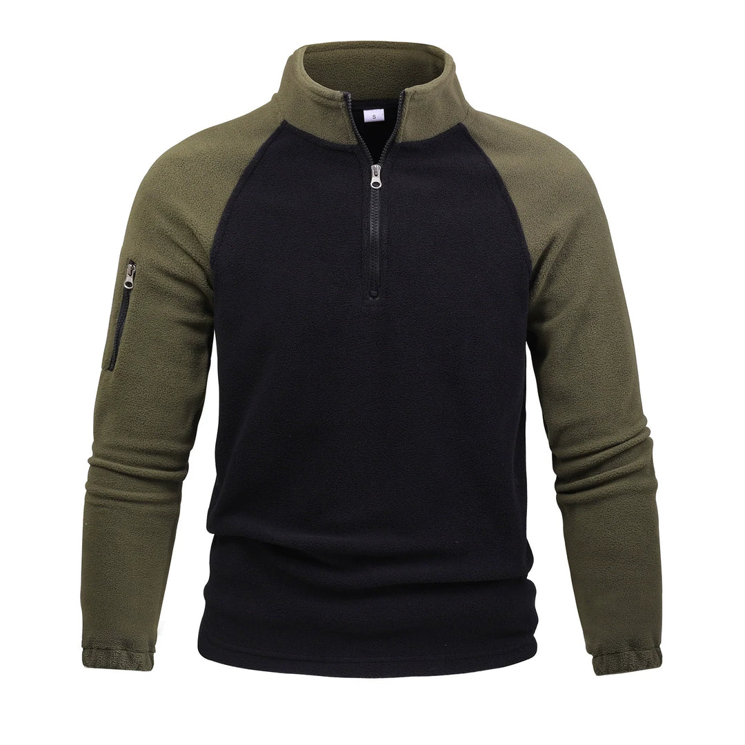 Black and olive two-tone half-zip pullover, front view
