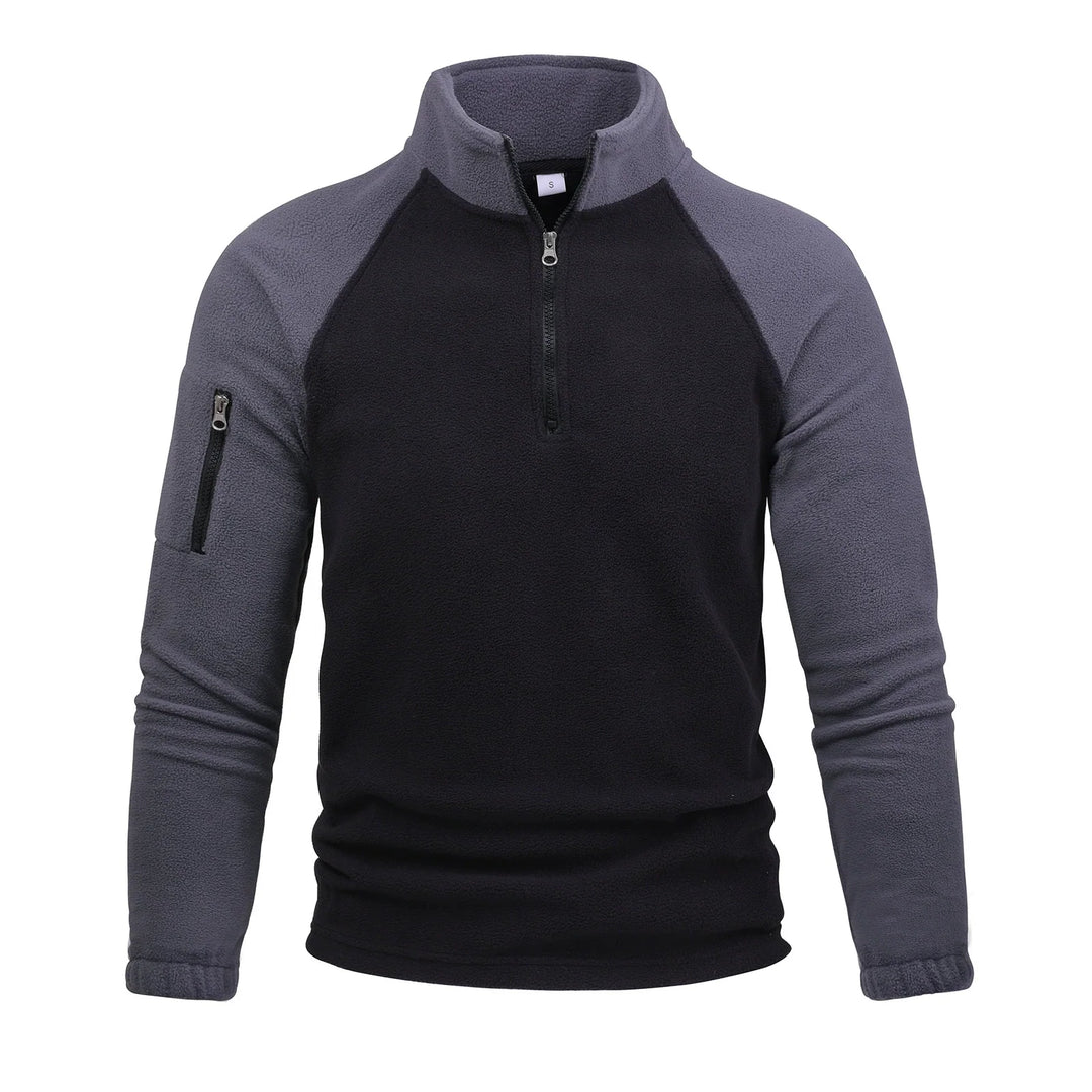 Black and gray two-tone half-zip pullover, front view